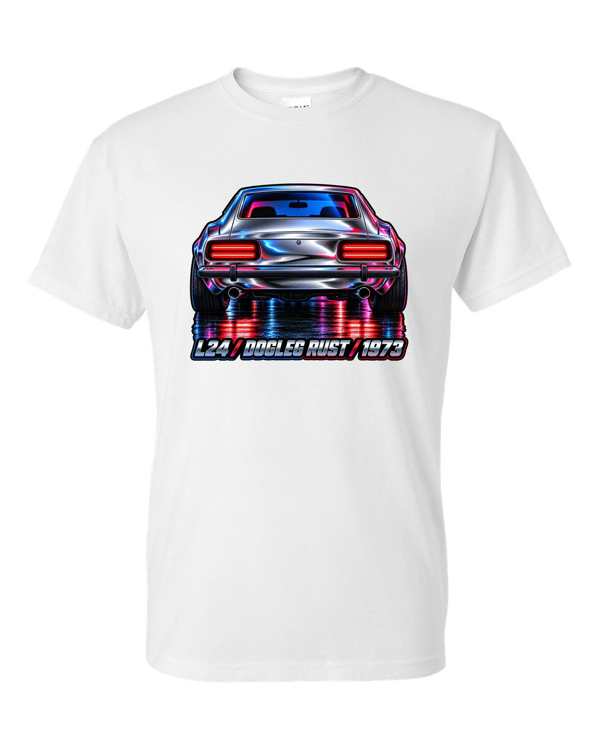 Airbrush chrome close-up of a 1973 Datsun 240Z rear taillights white t-shirt front view with the design