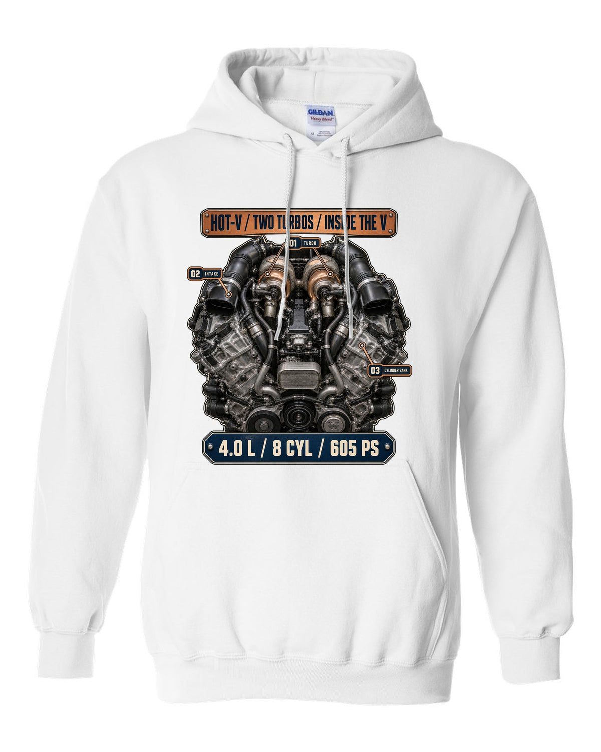 Audi RS7 4.0 TFSI engine bay hero print white pull over hoodie front view with the design