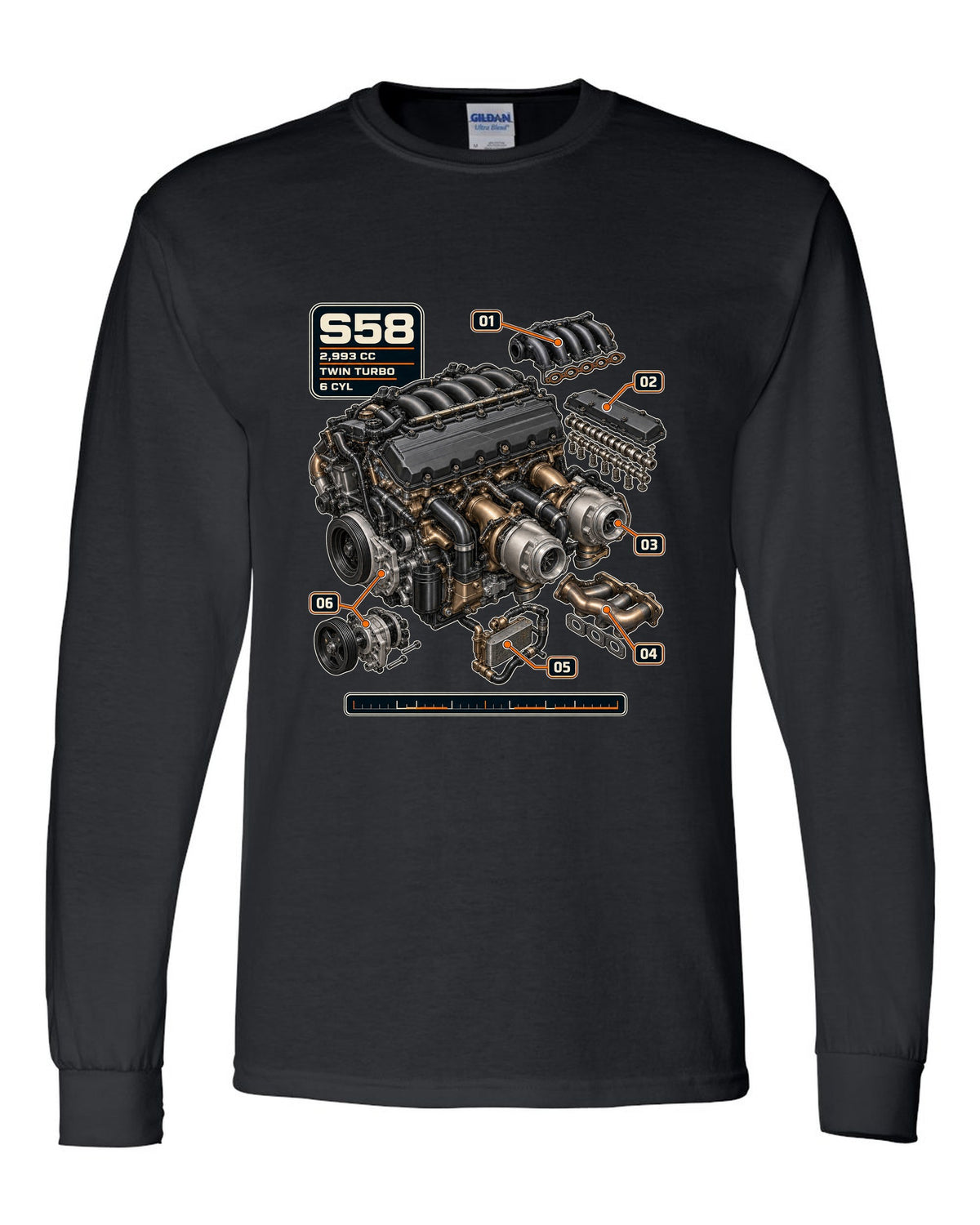 BMW S58 twin-turbo inline-six engine print with 2,993 cc text black long sleeve front view with the design
