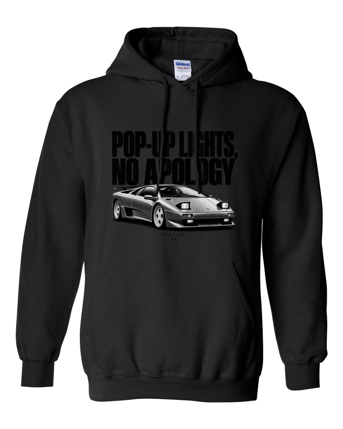 Halftone print of a Lamborghini Diablo SV with pop-up lights no apology text black pull over hoodie front view with the design