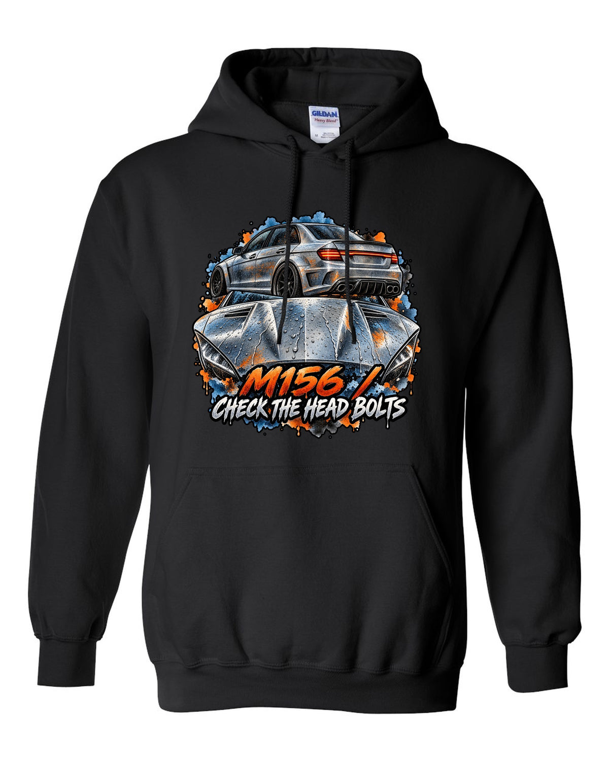 Technical blueprint line art of a cross-drilled brake and Mercedes C63 AMG W204 black pull over hoodie front view with the design
