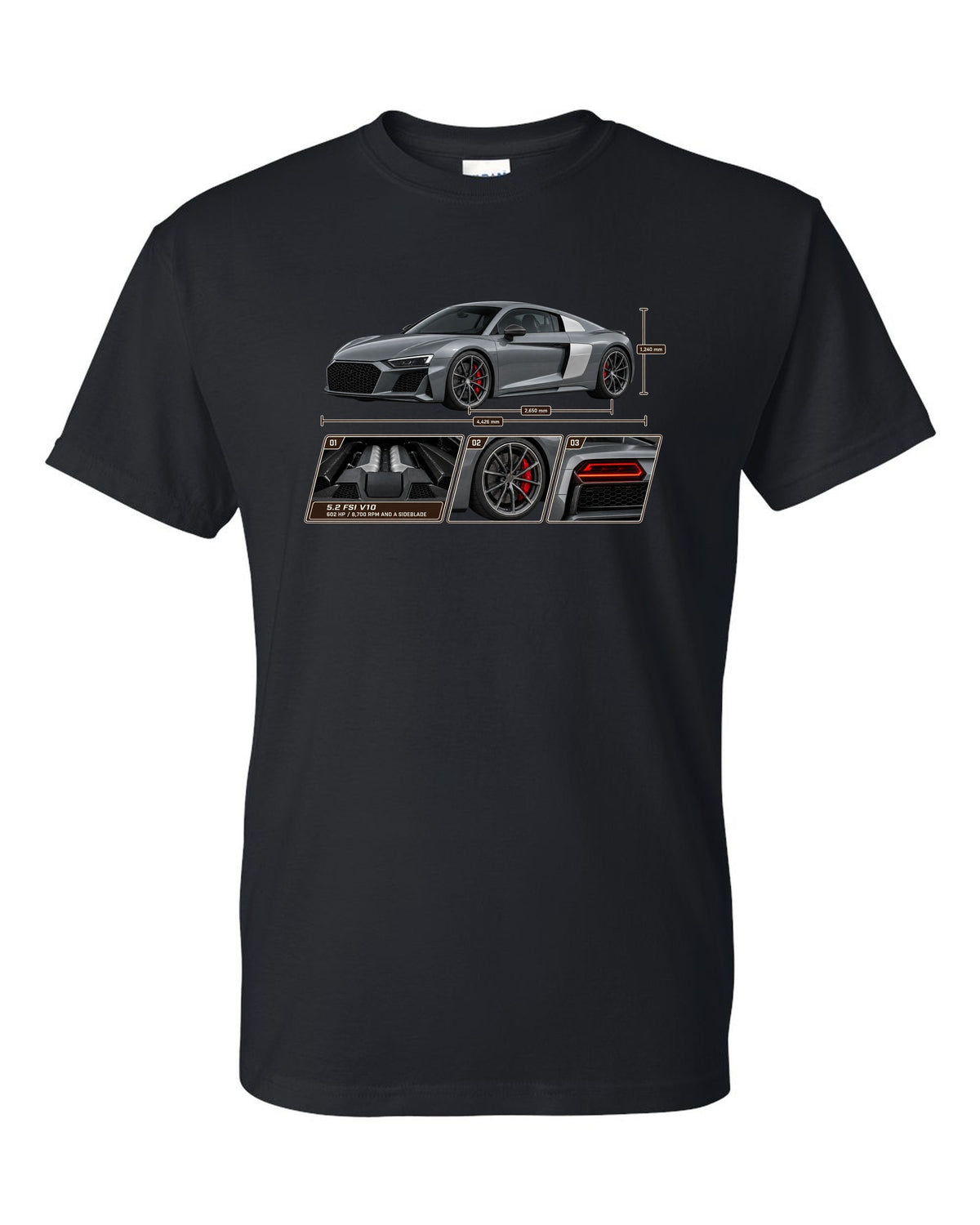 Dossier panel print of a Nardo grey Audi R8 V10 Performance black t-shirt front view with the design