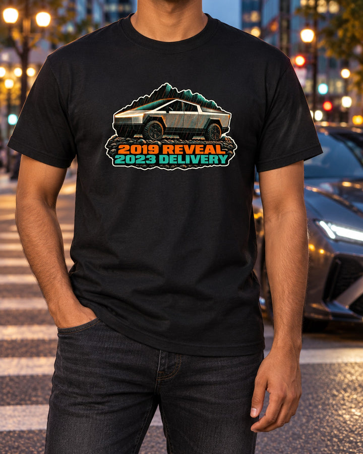 Tesla Cybertruck 2023 Risograph Print Shirt, Reveal to Delivery T-Shirt Black worn hero