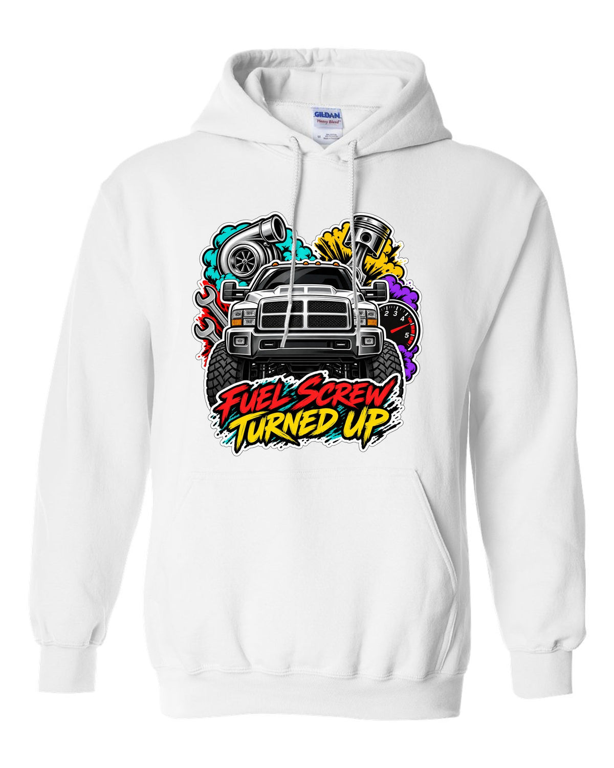 Sticker-bomb collage print of a 1994-1998 Dodge Ram 2500 12V Cummins with fuel screw text white pull over hoodie front view with the design