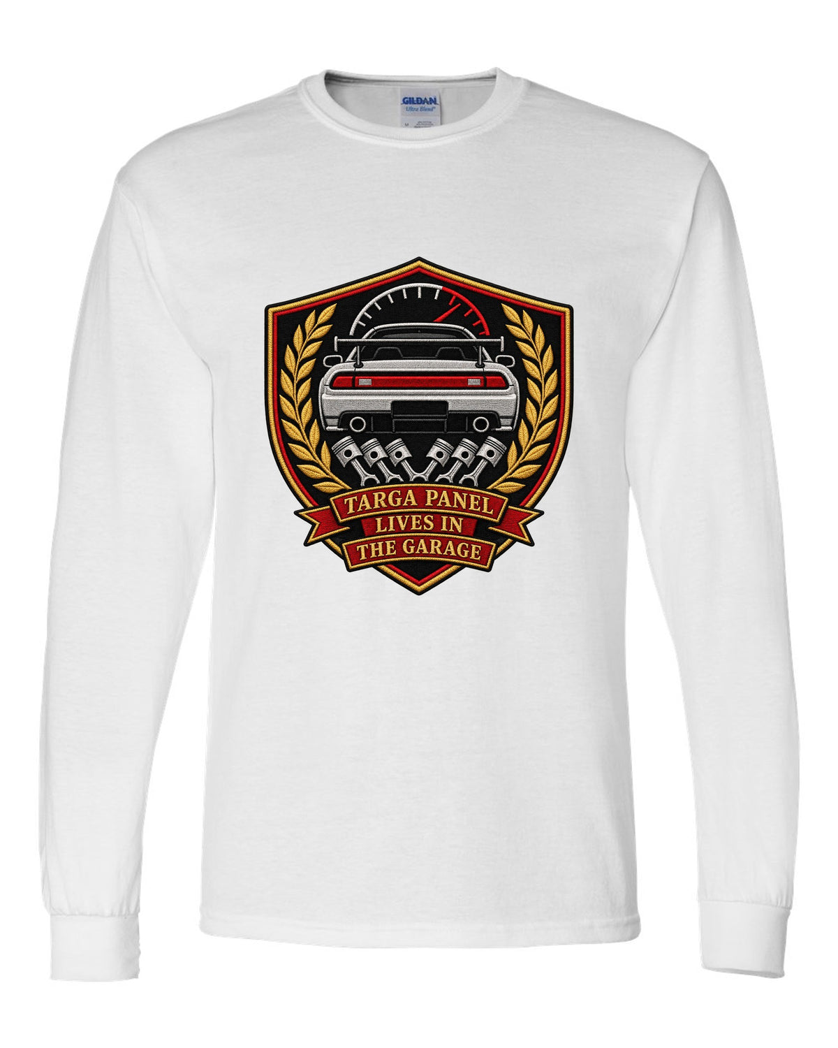 Embroidery-style shield crest print for the Toyota Supra A80 with targa panel lives in the garage lettering white long sleeve front view with the design