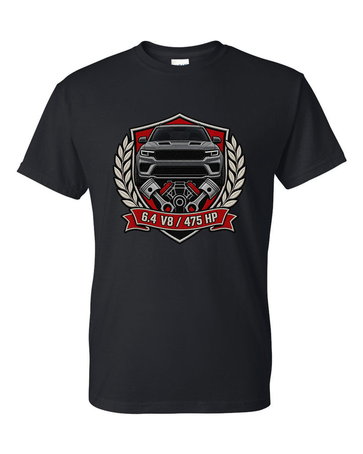 Original piston shield print for a Jeep Grand Cherokee WK2 SRT with 6.4 V8 475 HP text black t-shirt front view with the design