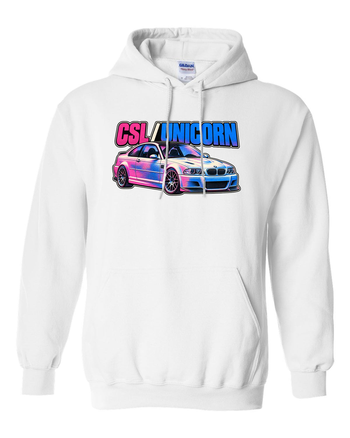 Risograph spot colour print of a BMW E46 M3 CSL with CSL Unicorn text white pull over hoodie front view with the design