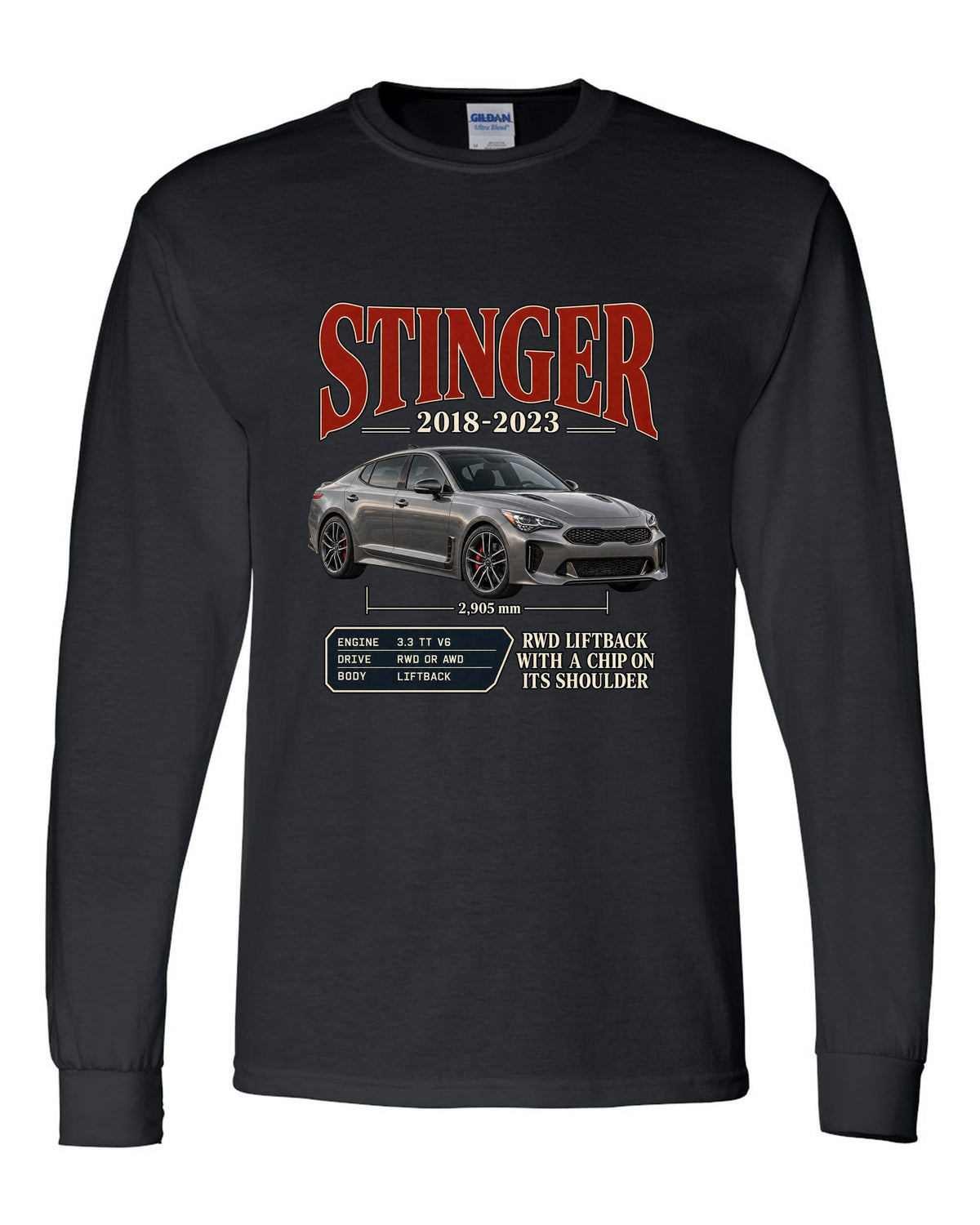 Kia Stinger GT archive panel print covering 2018 to 2023 black long sleeve front view with the design