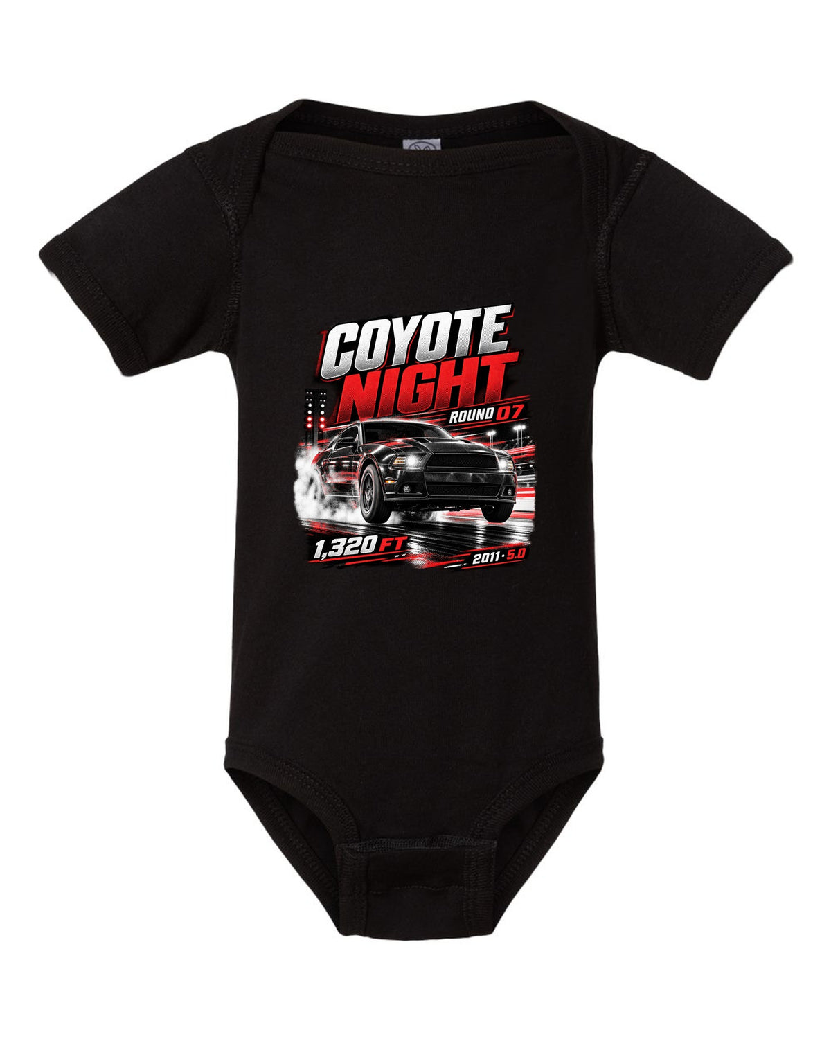 Night race poster print of a 2011 Ford Mustang S197 GT 5.0 black baby onesie front view with the design
