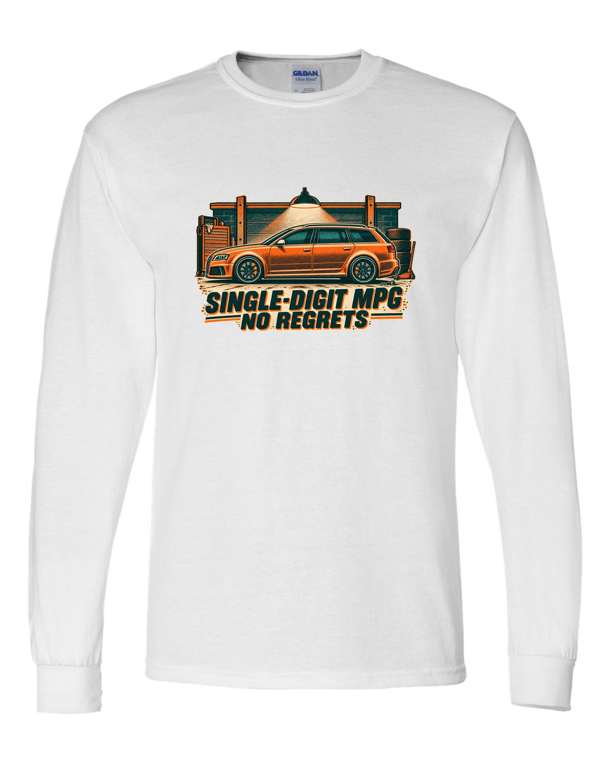 Risograph garage light design of the Audi RS6 Avant C6 4F with single-digit MPG no regrets lettering white long sleeve front view with the design