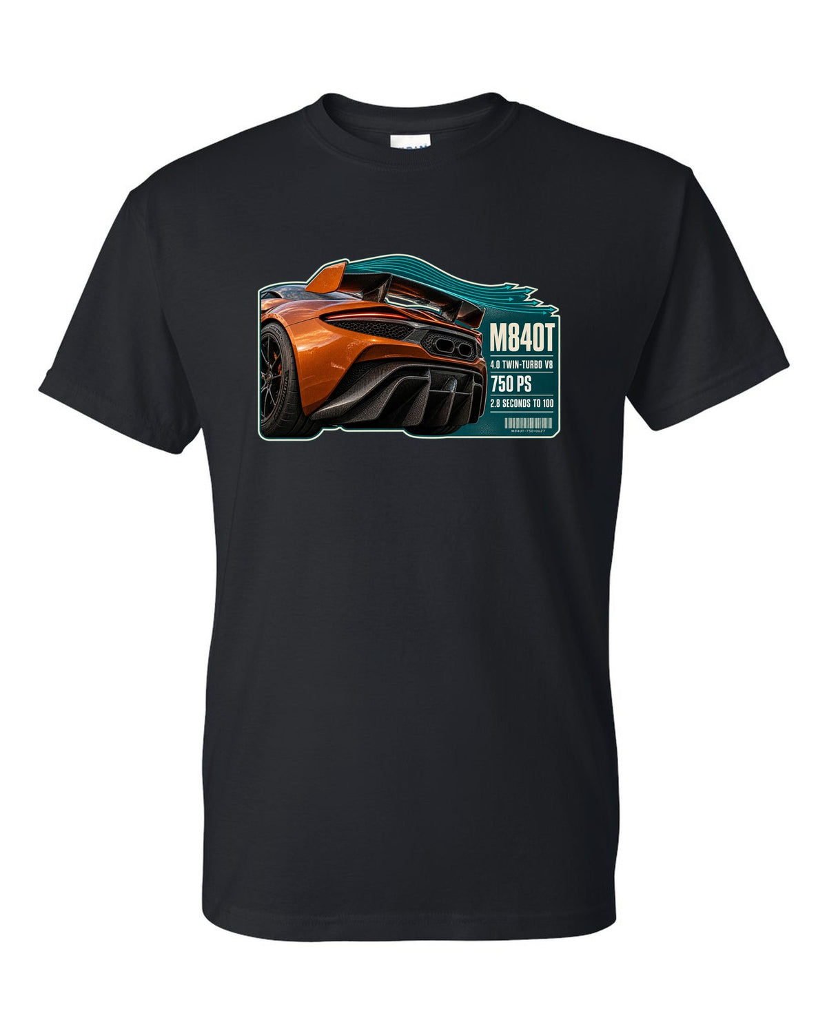 print taillight close-up of a McLaren 750S in burnt orange black t-shirt front view with the design