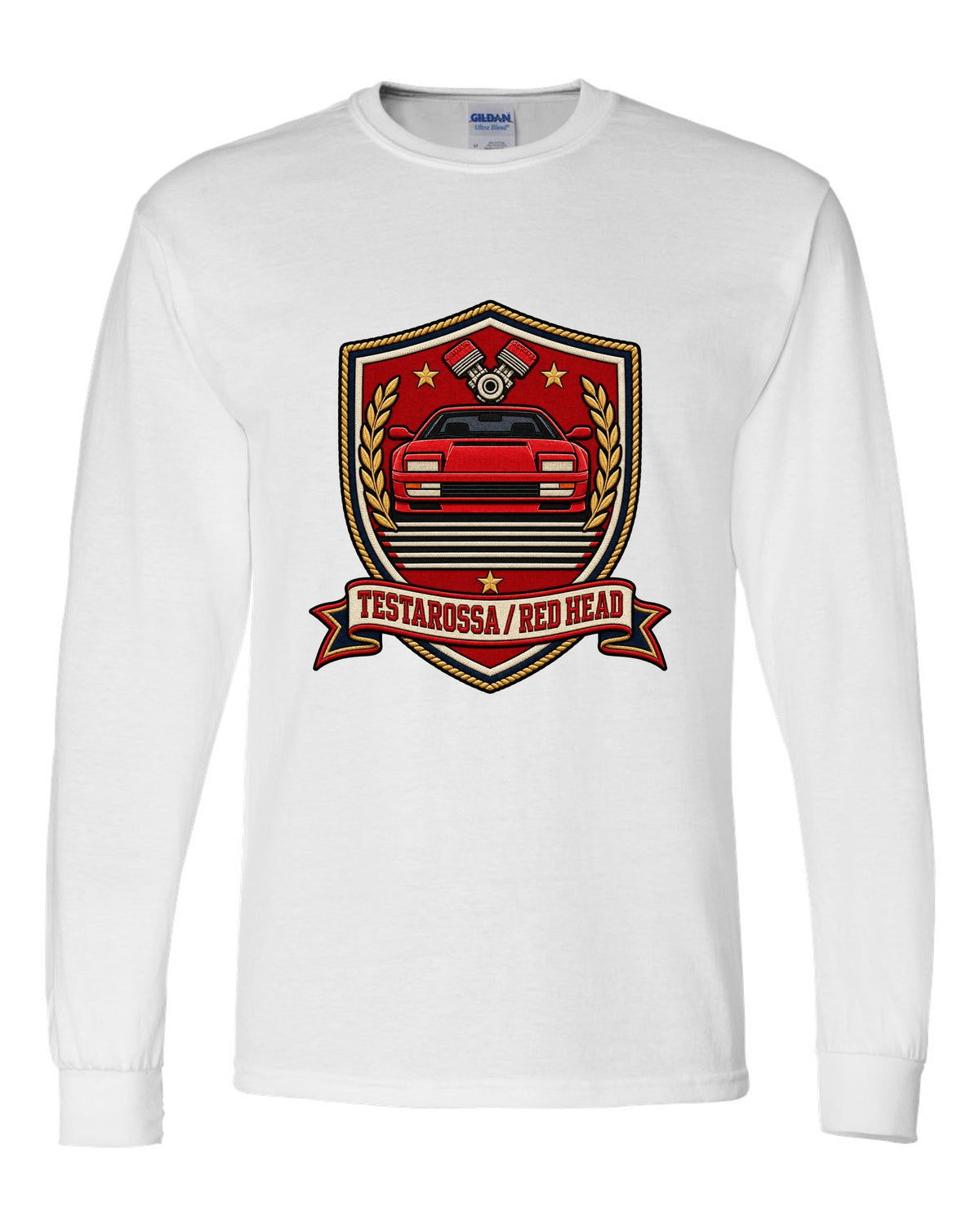 Shield crest layout for the 1984 Ferrari Testarossa with red head text white long sleeve front view with the design