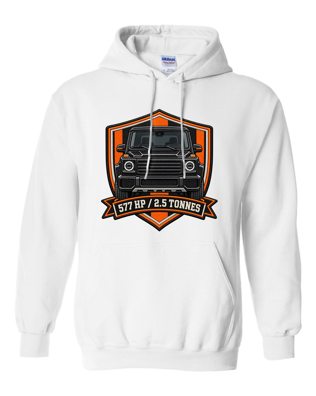 Ukiyo-e woodblock wave graphic with a boxy Mercedes G-Class W463, print white pull over hoodie front view with the design