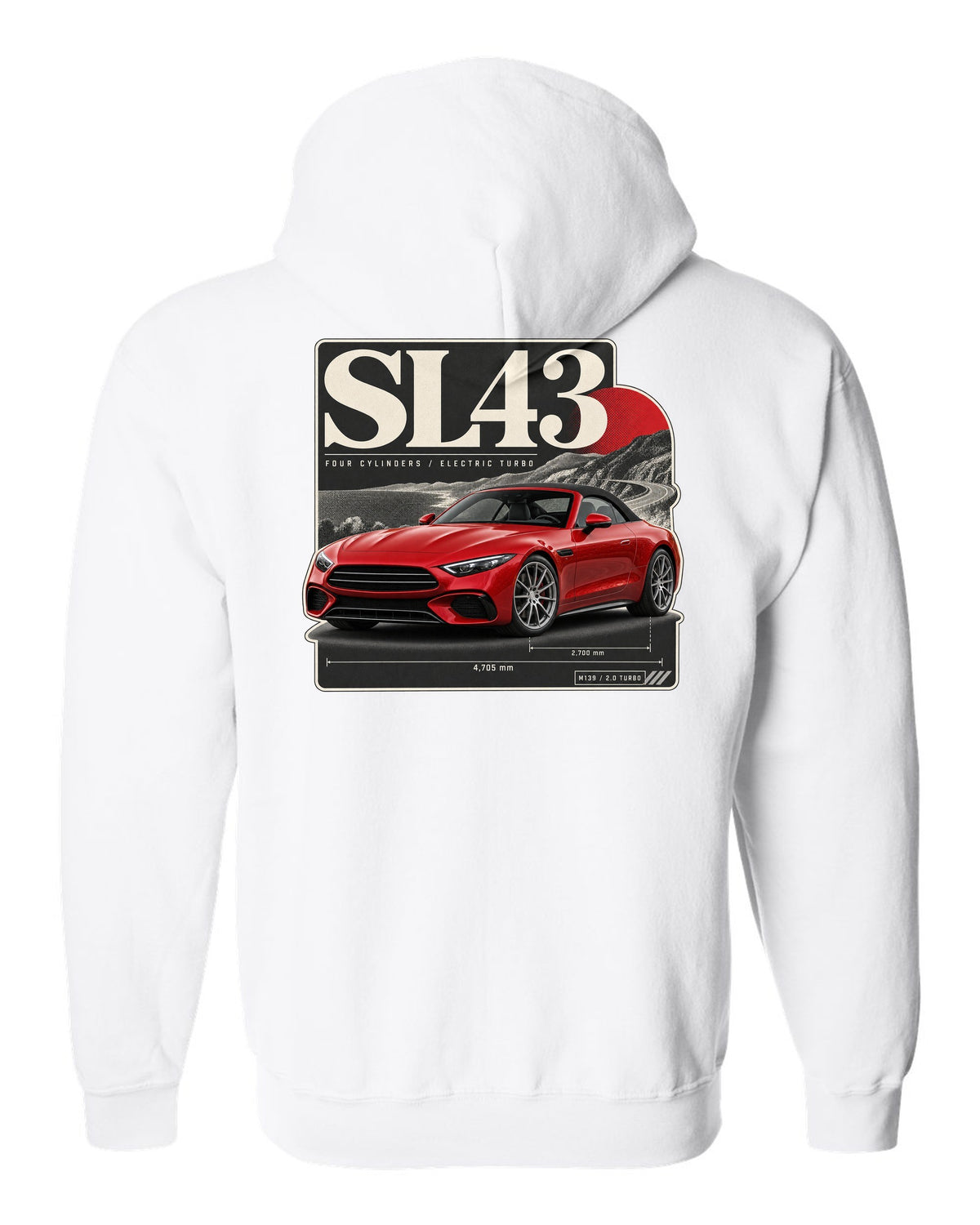 SL43 R232 Electric Turbo Editorial white zip hoodie back view with the design