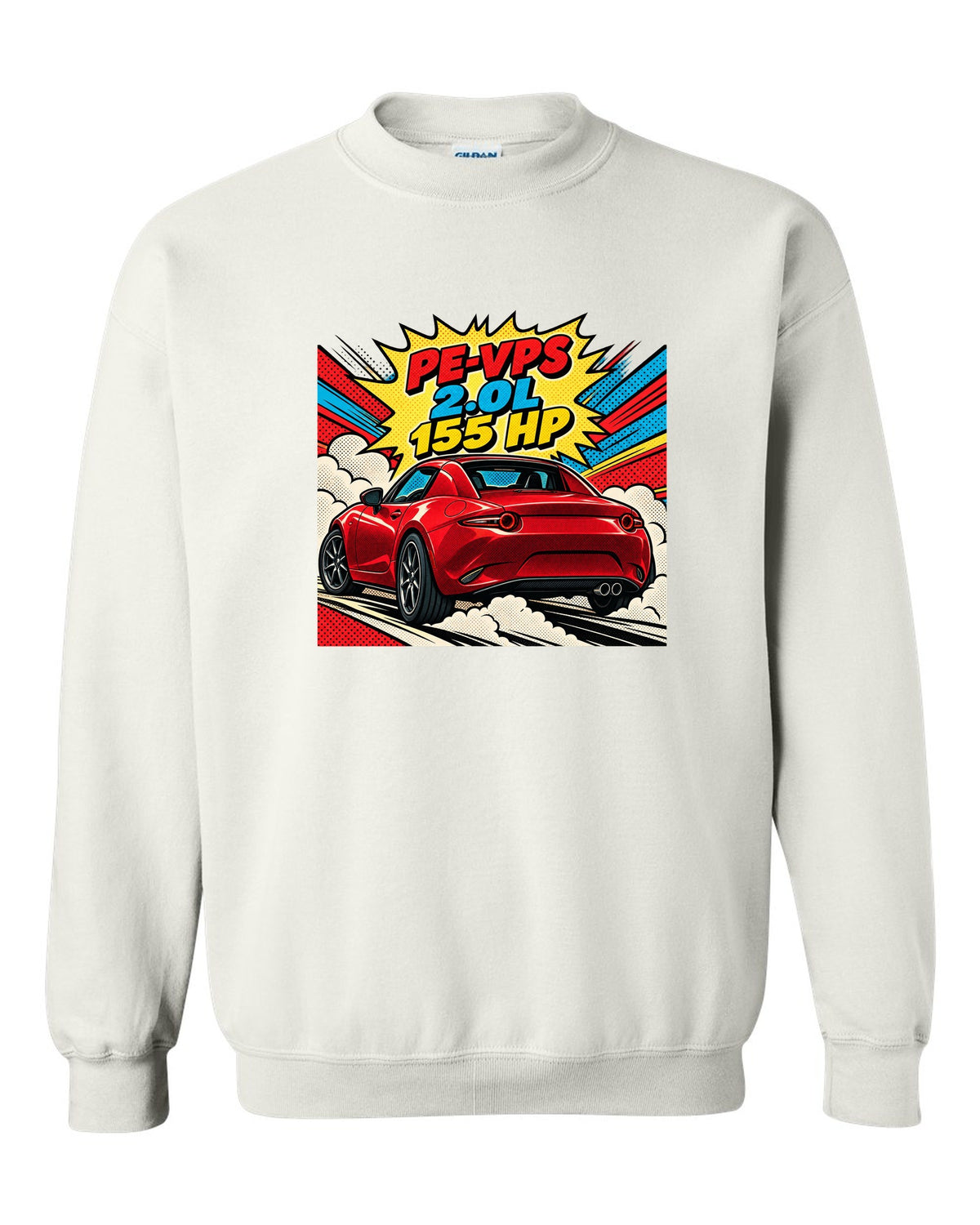 Comic halftone pop art Mazda MX-5 ND RF with PE-VPS 2.0L 155 HP spec line white crewneck front view with the design