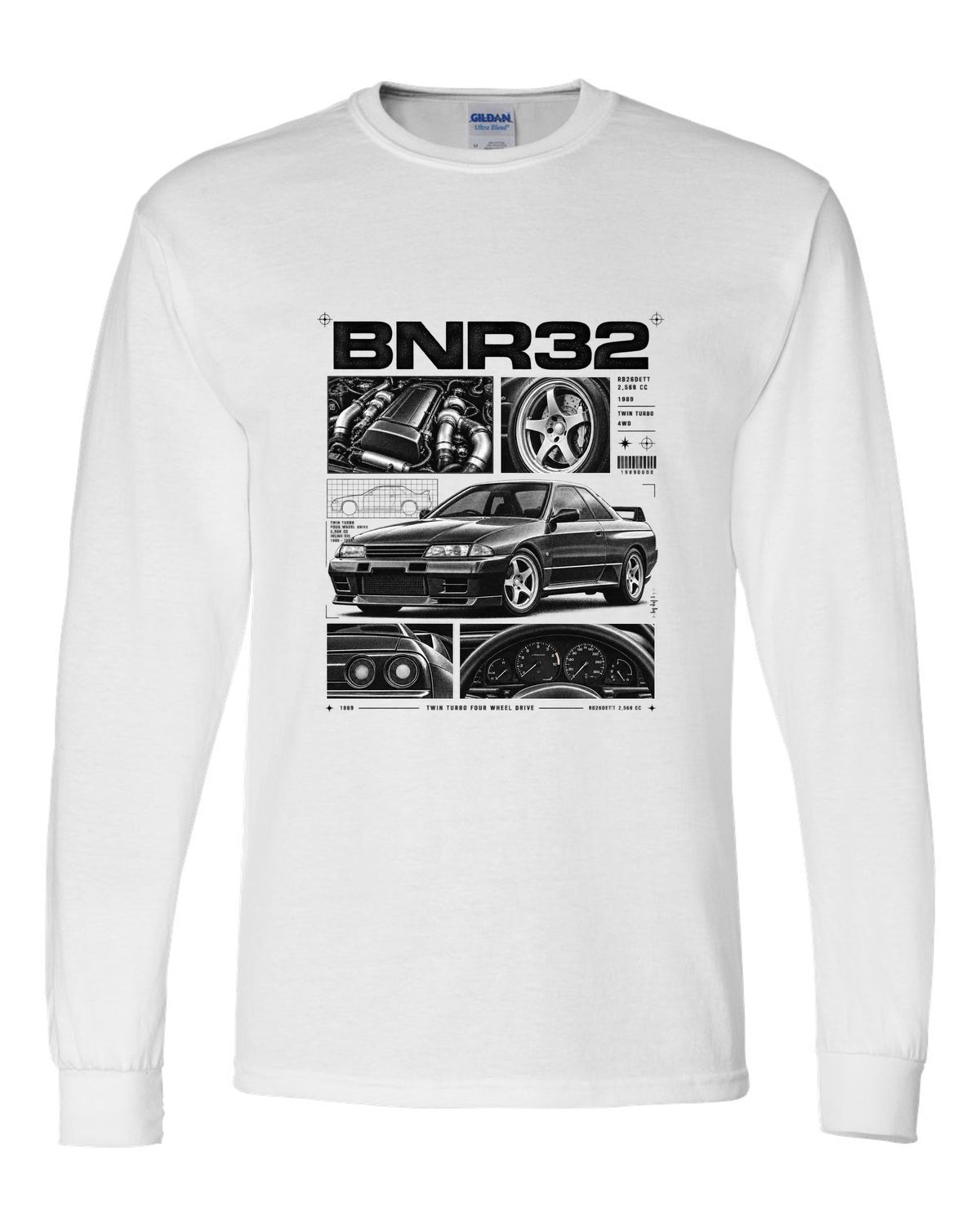 Dossier panel print of a Nissan Skyline GT-R R32 BNR32 with RB26DETT specs white long sleeve front view with the design