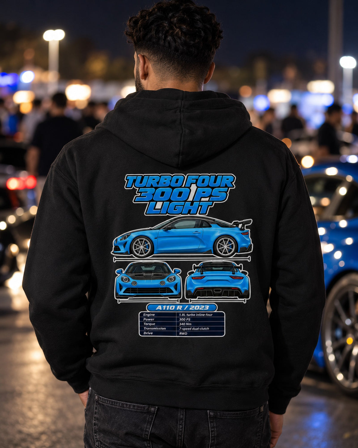 Alpine A110 R Spec Sheet Full-Back Graphic Tee Zip Hoodie Black worn hero