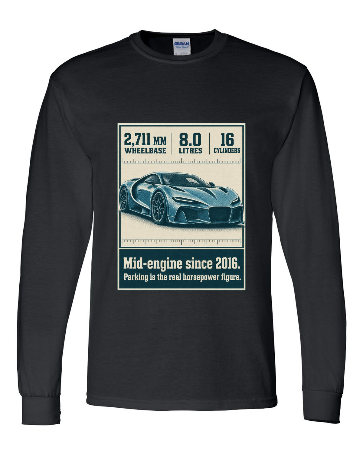 Bugatti Chiron Sport halftone print with wheelbase and engine facts black long sleeve front view with the design