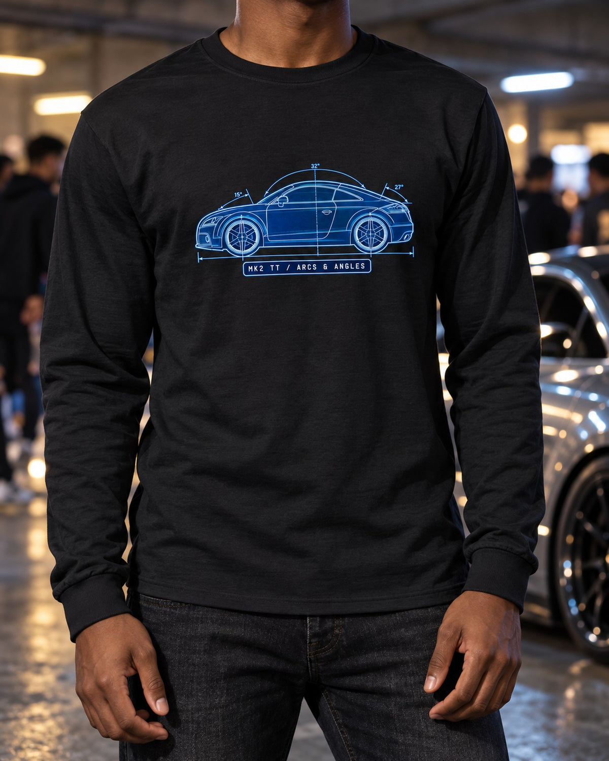 Audi TT 8J Mk2 Cyanotype Blueprint Shirt, Arcs and Angles Long Sleeve Black worn hero