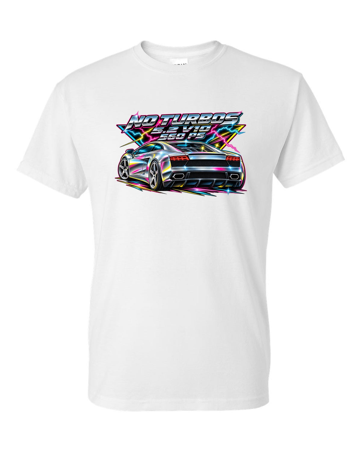 80s airbrush chrome Lamborghini Gallardo LP560-4 with the text NO TURBOS / 5.2 V10 / 560 PS white t-shirt front view with the design