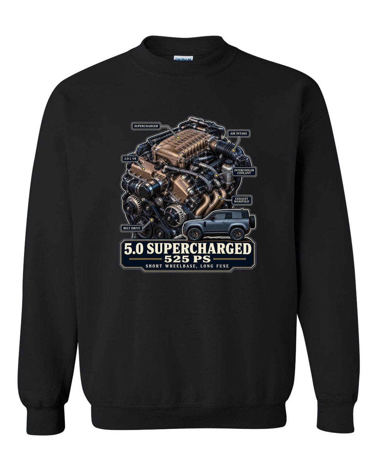 Engine hero print of the Land Rover Defender 90 V8 5.0 supercharged L663 black crewneck front view with the design