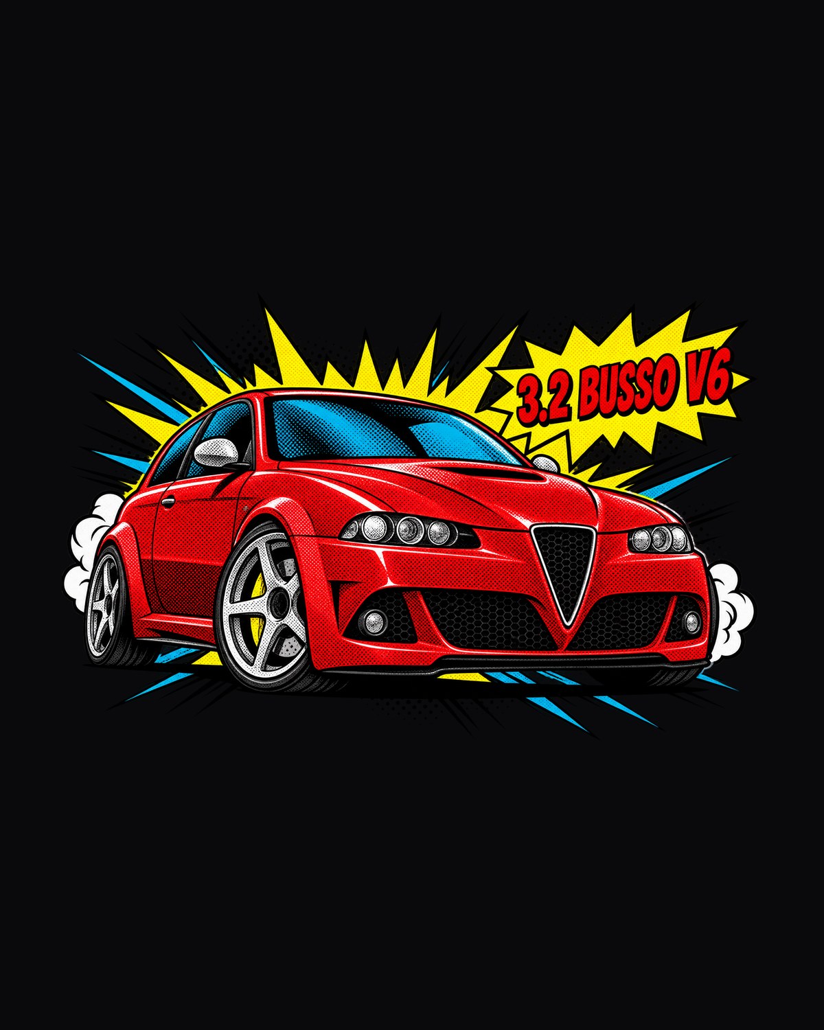 Alfa Romeo 147 GTA Comic Halftone Pop Art Tee, 3.2 Busso V6 design only