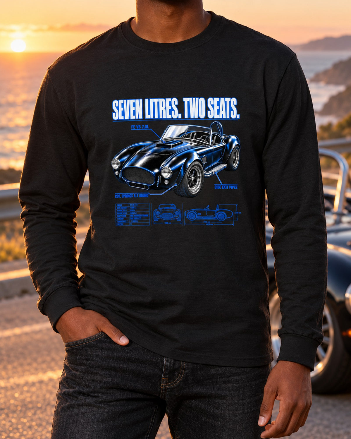 Shelby-Style 427 Roadster Top-Down Spec Poster Shirt, 1965-67 Long Sleeve Black worn hero