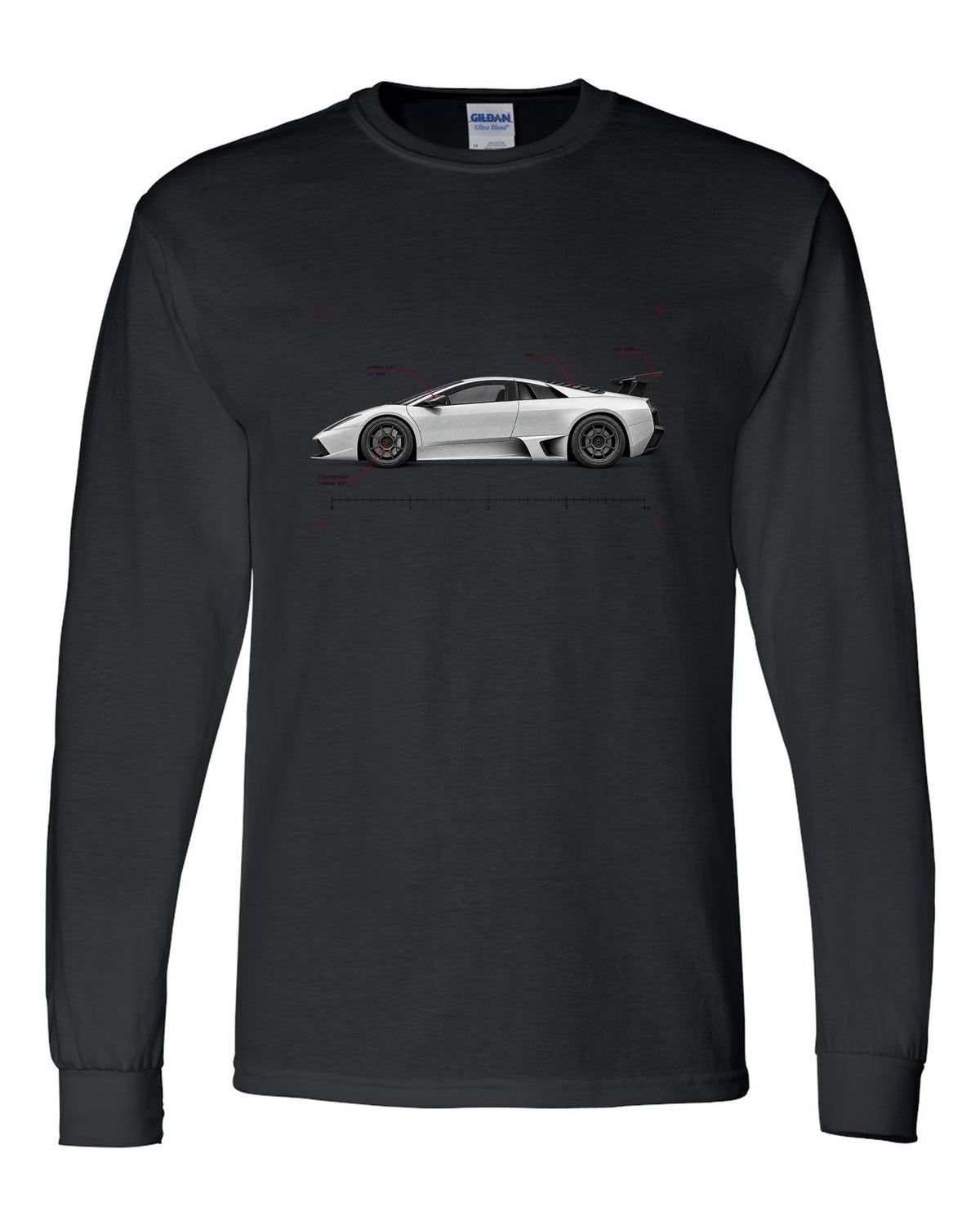 Spec poster print of a Lamborghini Gallardo Superleggera with 618 made and Carbon Diet text black long sleeve front view with the design