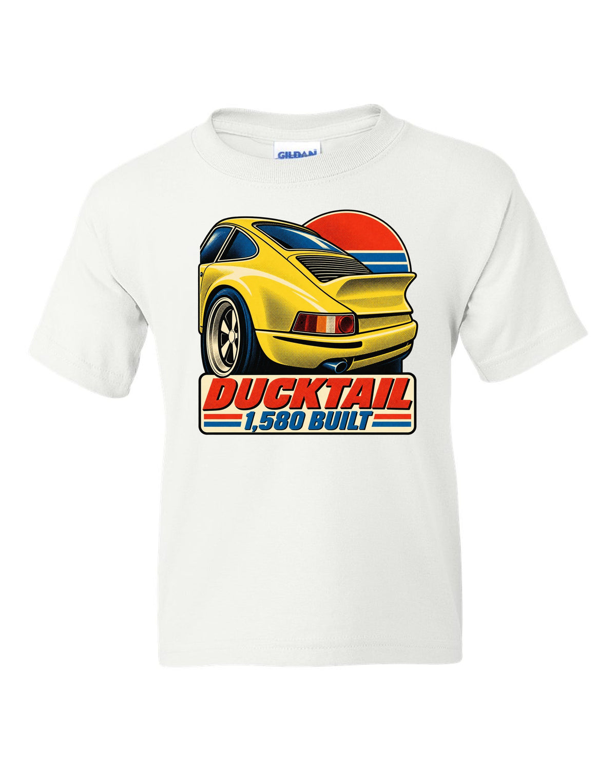 Vintage lithograph poster of the Porsche 911 Carrera RS 2.7 ducktail white kids tee front view with the design