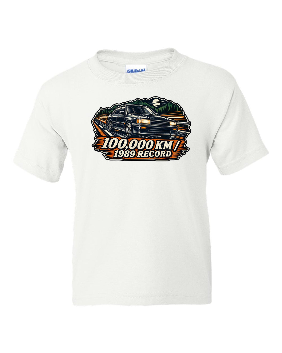 Linocut woodcut style illustration of a Subaru Legacy BC5 RS with 100,000 km 1989 record text white kids tee front view with the design