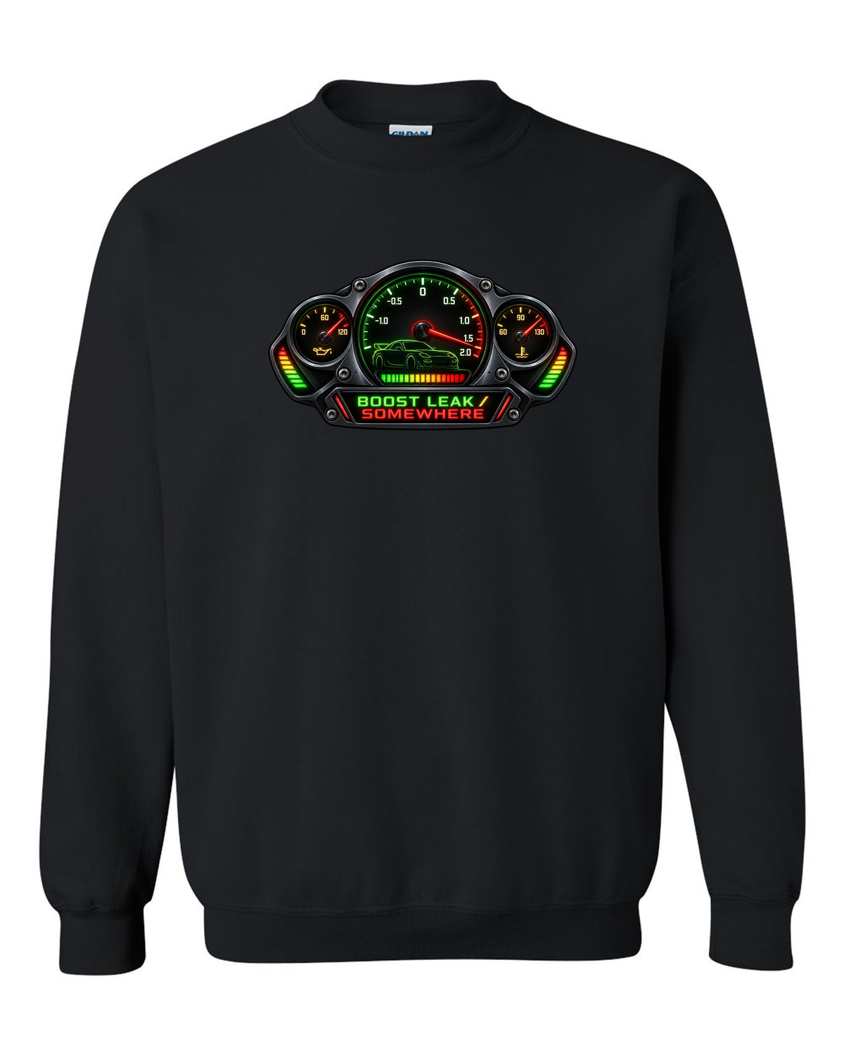 Sticker-bomb collage print of a Mazda RX-7 FD3S with text 5-Lug, 17 Inch, Bronze black crewneck front view with the design