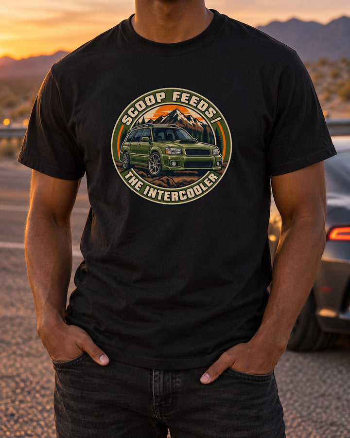 Forester SG9 Round Embroidered-Style Crest, Scoop Feeds Intercooler Shirt T-Shirt Black worn hero