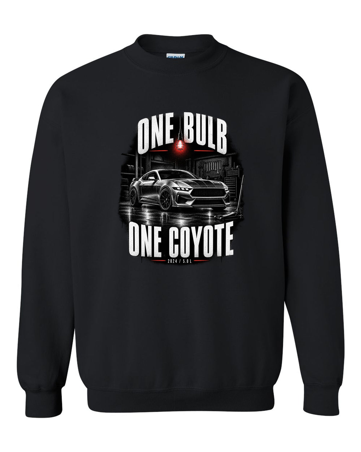 Ford Mustang S650 GT coupe in a dimly lit garage, one bulb one Coyote print black crewneck front view with the design