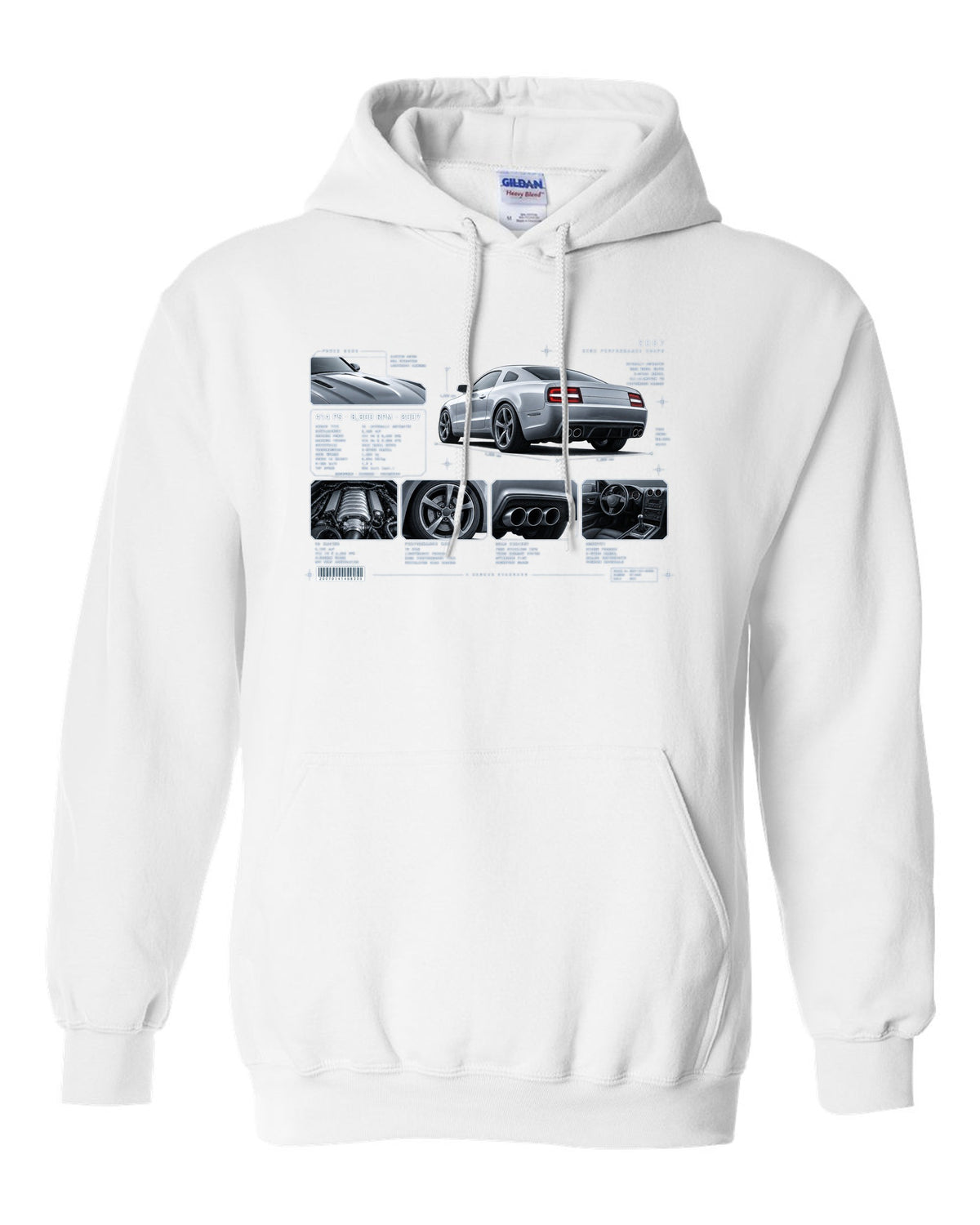 BMW E92 M3 coupe dossier panel print showing 414 PS and 8,300 RPM white pull over hoodie front view with the design