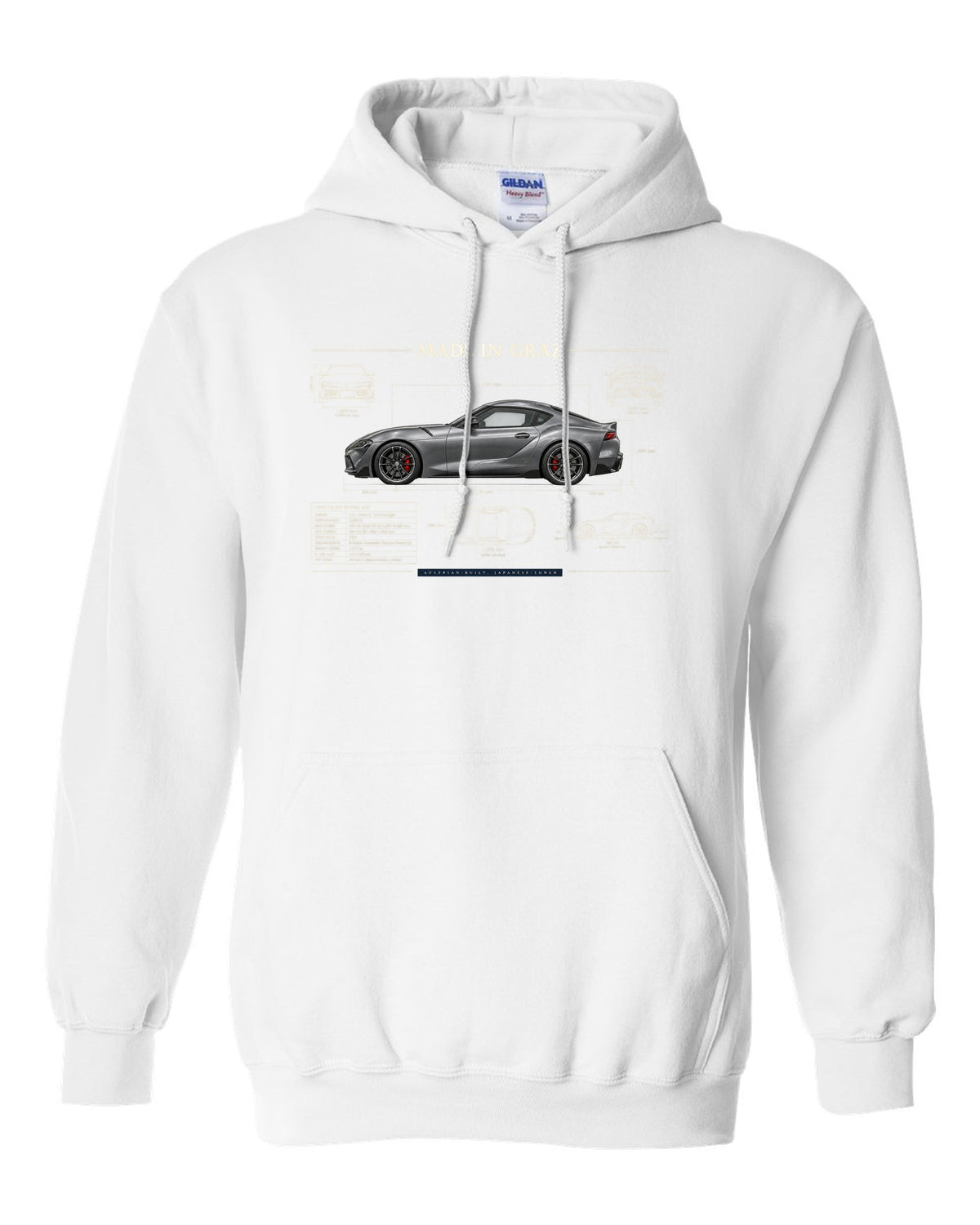 Steel blue Toyota GR Supra 3.0 with aero airflow callouts and 50:50 weight text white pull over hoodie front view with the design