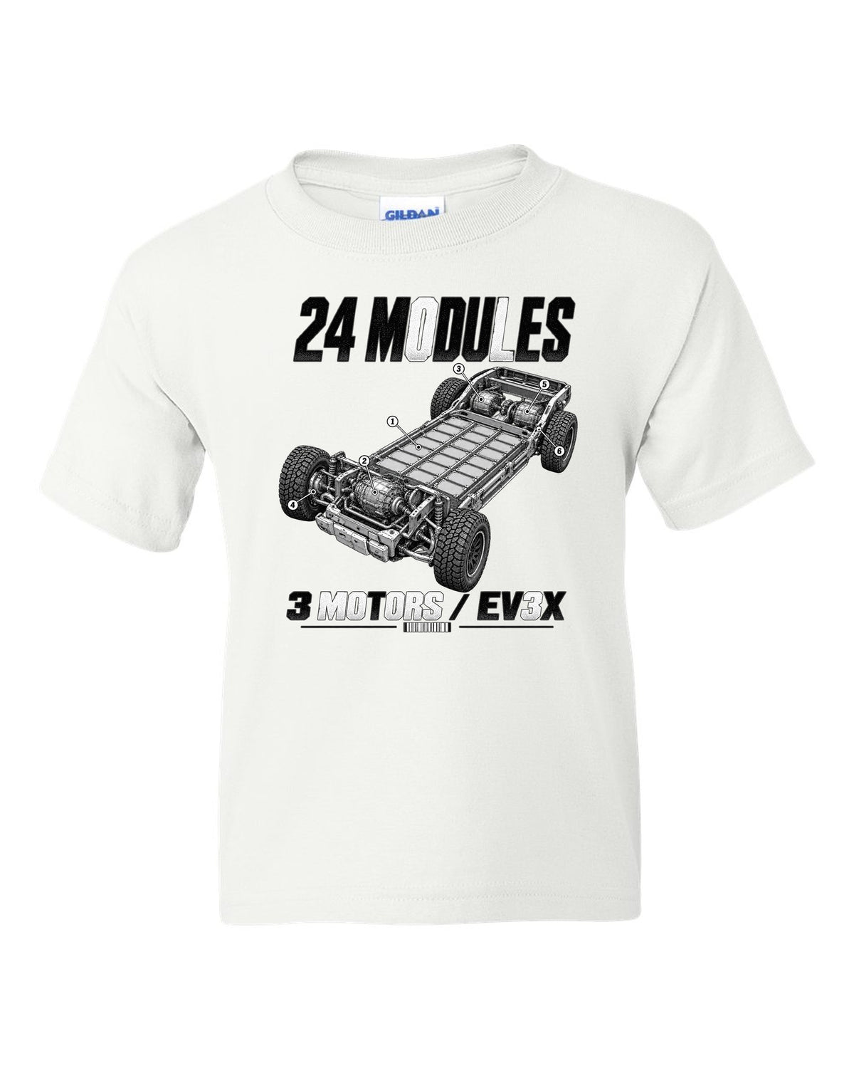 Cutaway of the GMC Hummer EV pickup battery pack and motors with labels white kids tee front view with the design
