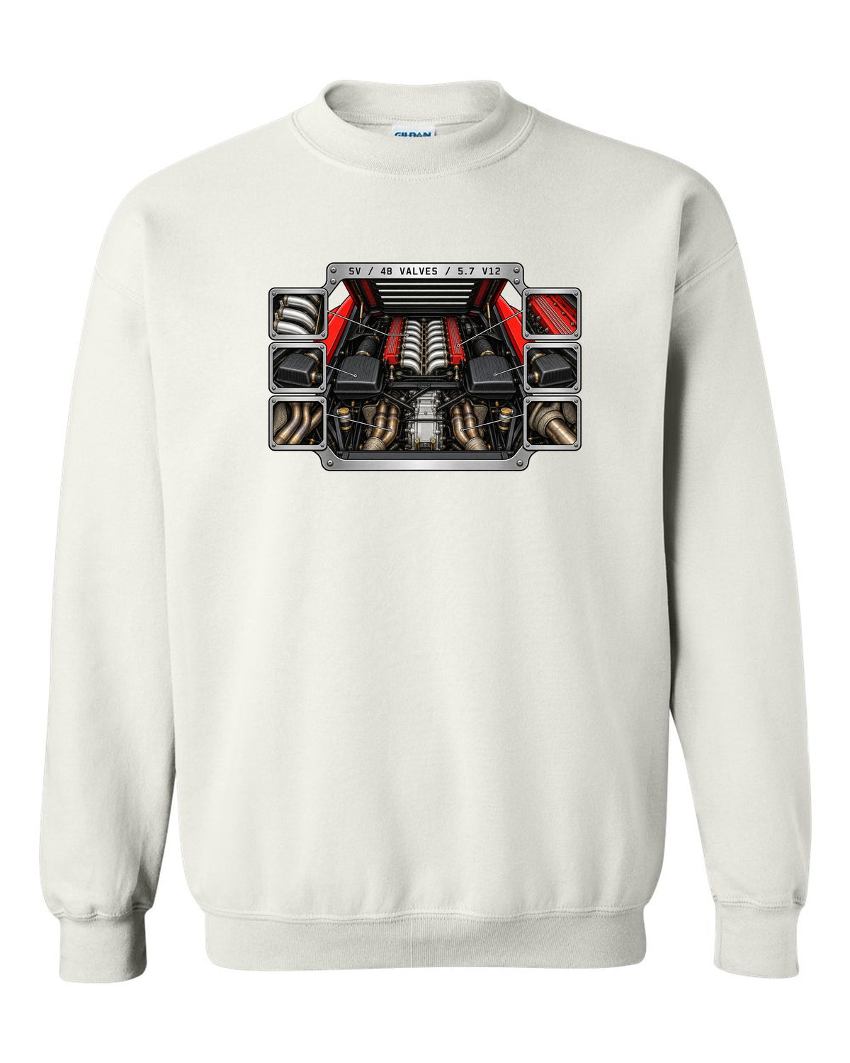 Spec-sheet data plate for a 1995 Lamborghini Diablo SV with 48 valves and 5.7 V12 white crewneck front view with the design