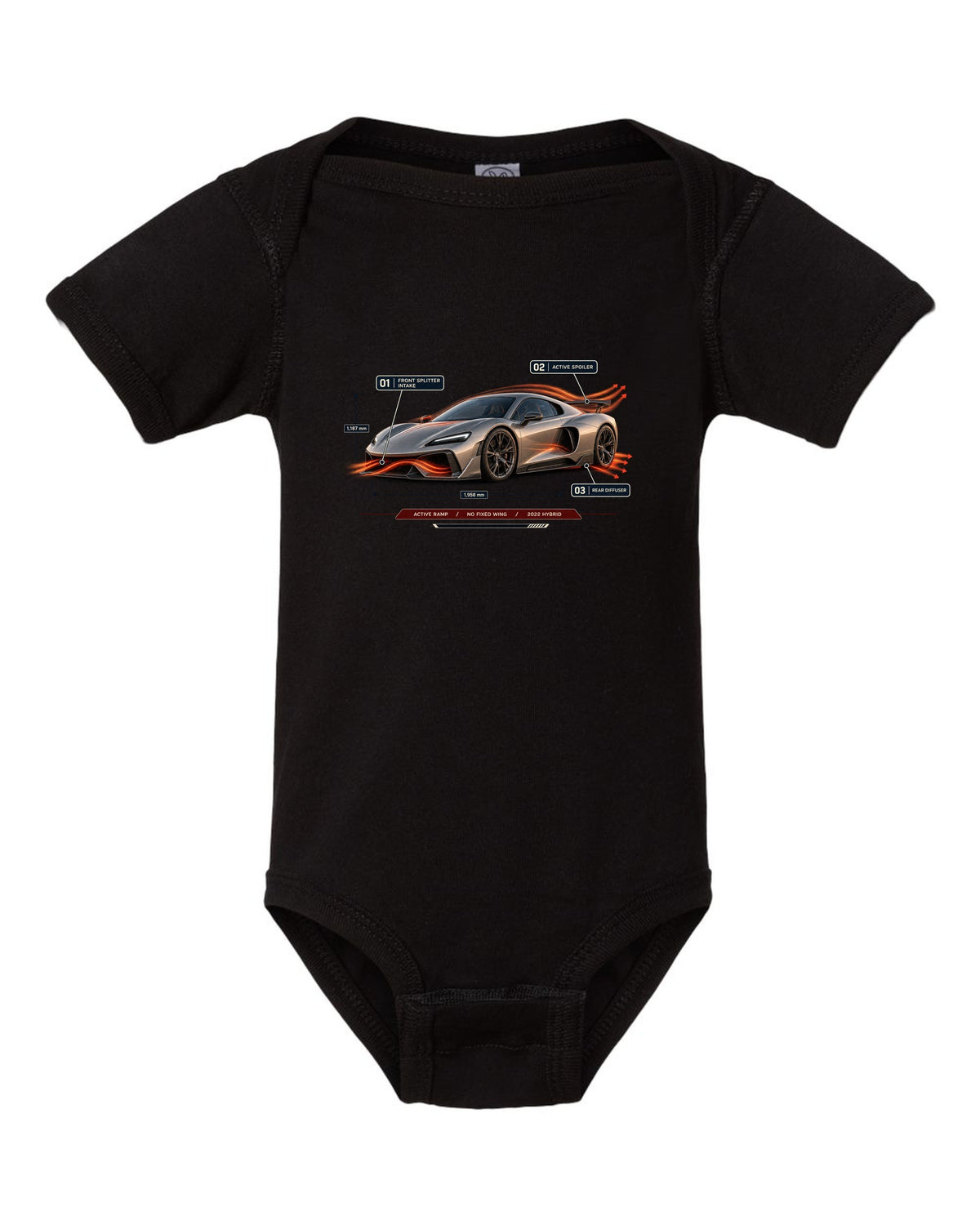 Ferrari 296 GTB aero callout print with active ramp and no fixed wing black baby onesie front view with the design