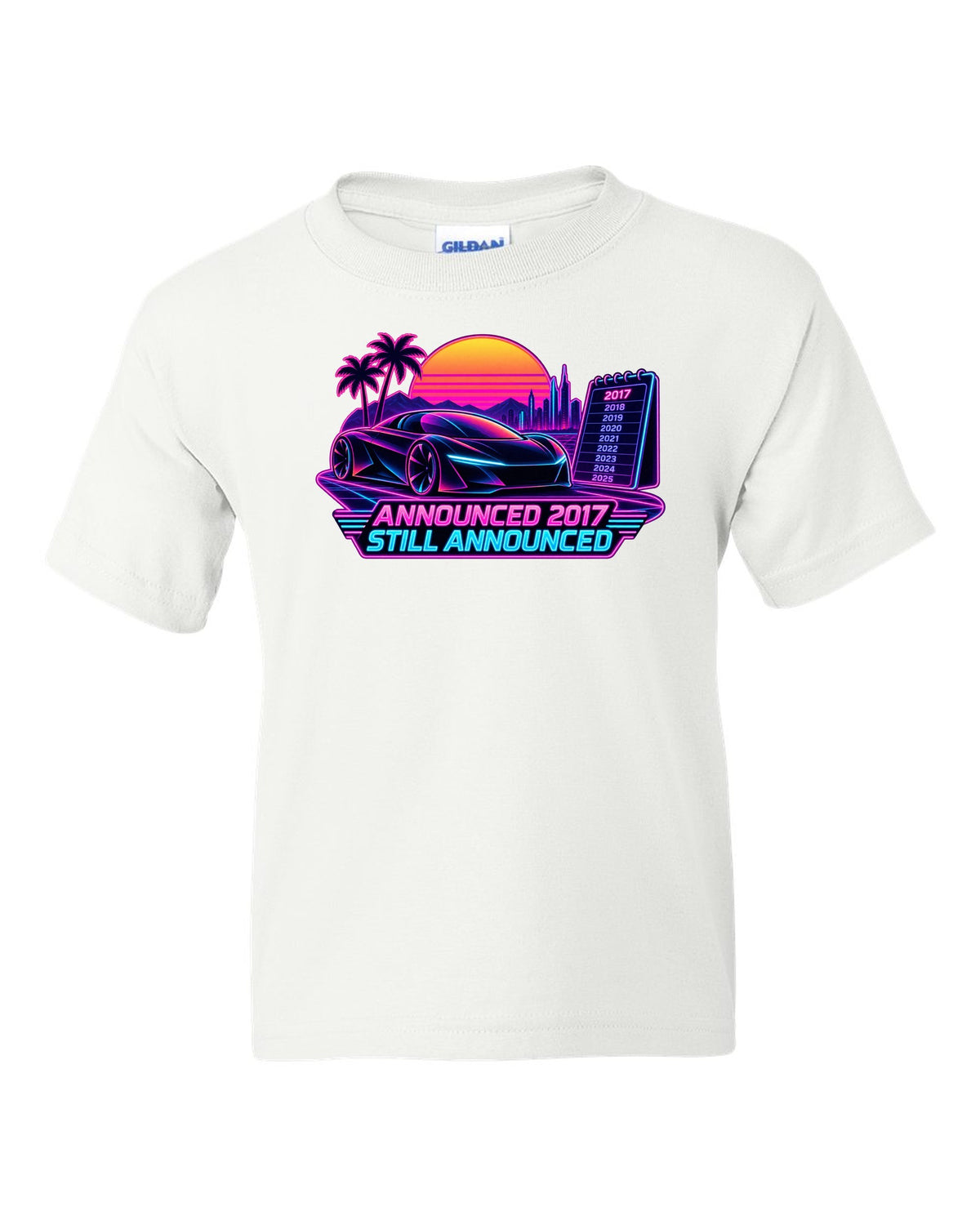 Neon synthwave print of a Tesla Roadster Gen 2 reading Announced 2017 Still Announced white kids tee front view with the design