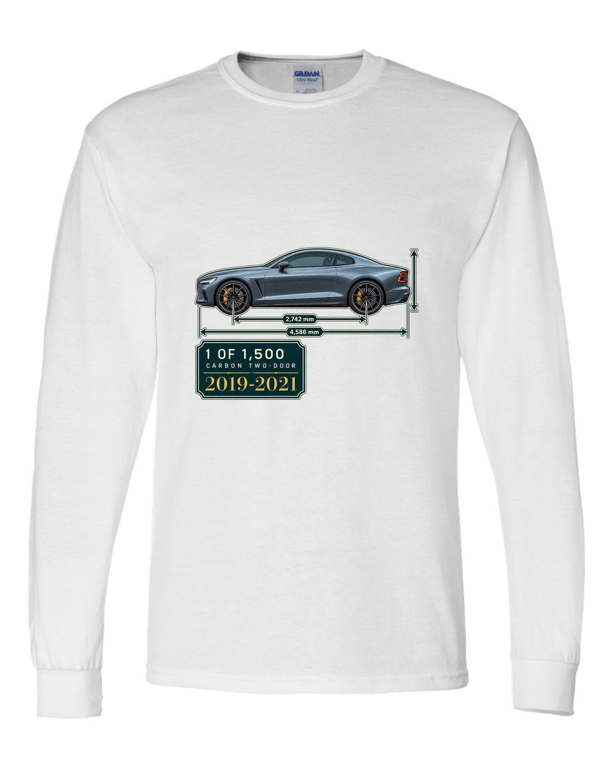 Polestar 1 archive panel print showing 1 of 1,500 carbon two-door white long sleeve front view with the design