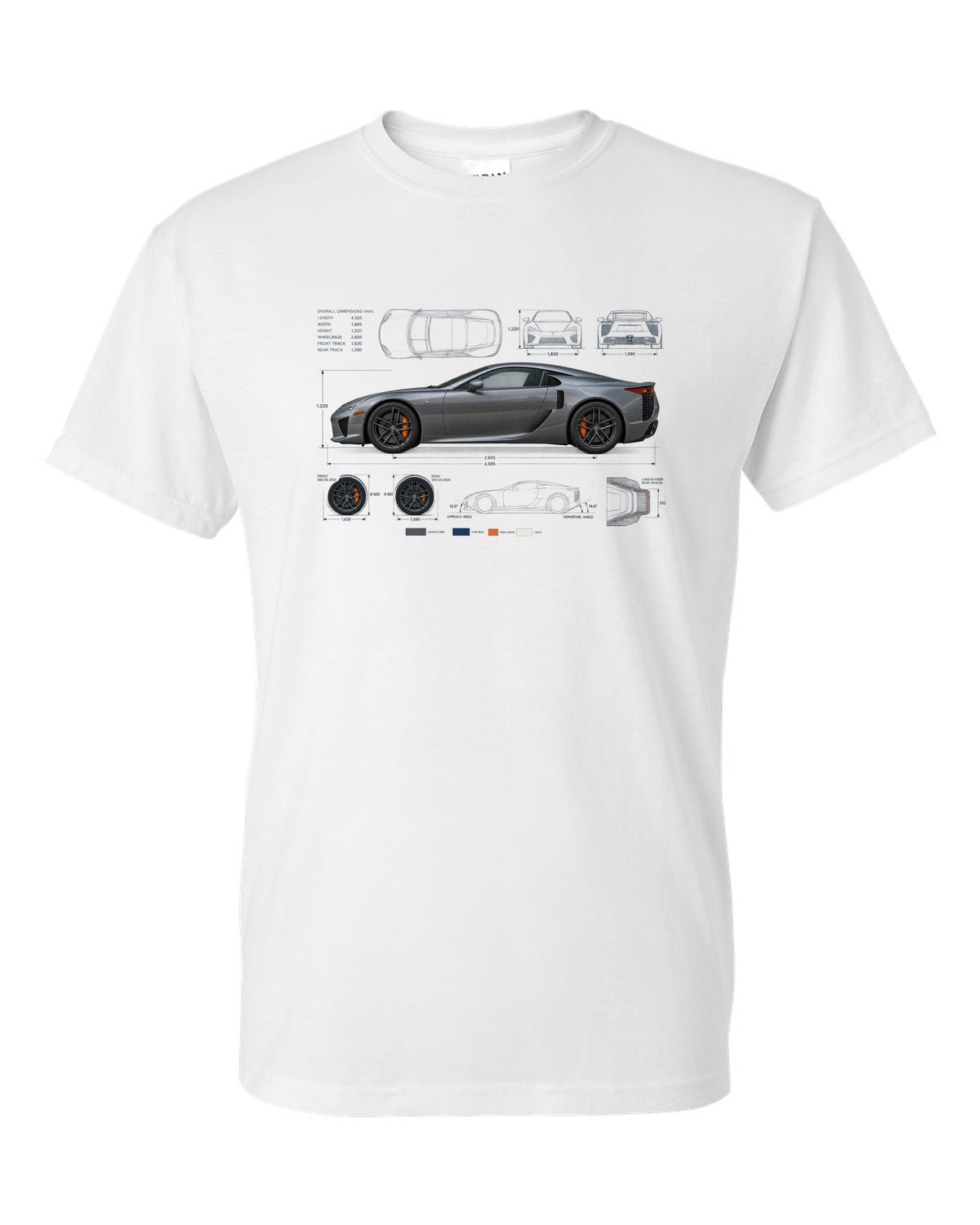 Blueprint style print of the Lexus LFA LFA10 with V10 spec lines white t-shirt front view with the design