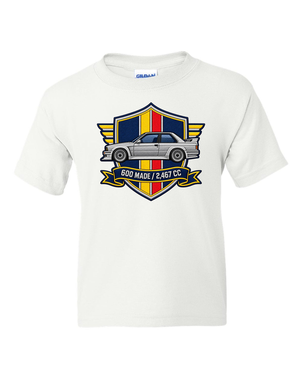 Varsity crest style print of a BMW E30 M3 Sport Evo with 600 made and 2,467 cc text white kids tee front view with the design