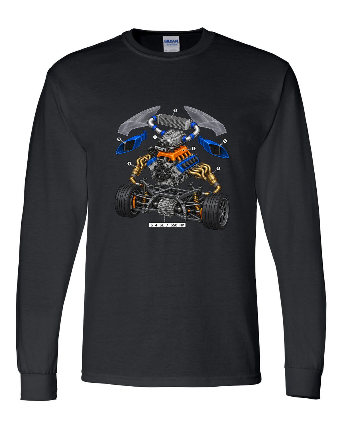 Ford GT 2005-2006 supercharged V8 in an isometric exploded view print black long sleeve front view with the design
