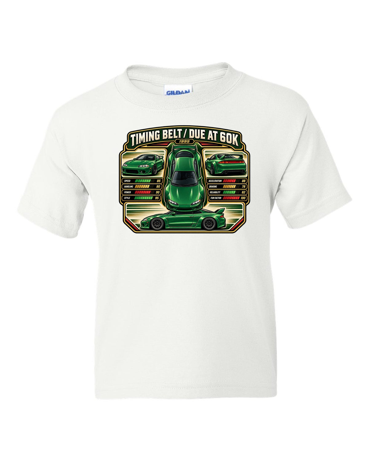 Top-down vector trading card print of a widebody Mitsubishi Eclipse GSX 2G with timing belt due at 60K text white kids tee front view with the design