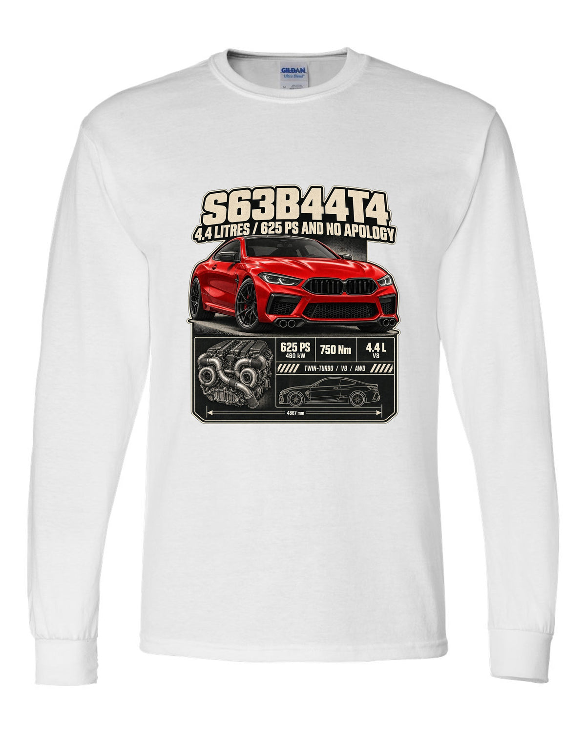 BMW M8 Competition Coupe F92 spec poster print on a tee white long sleeve front view with the design