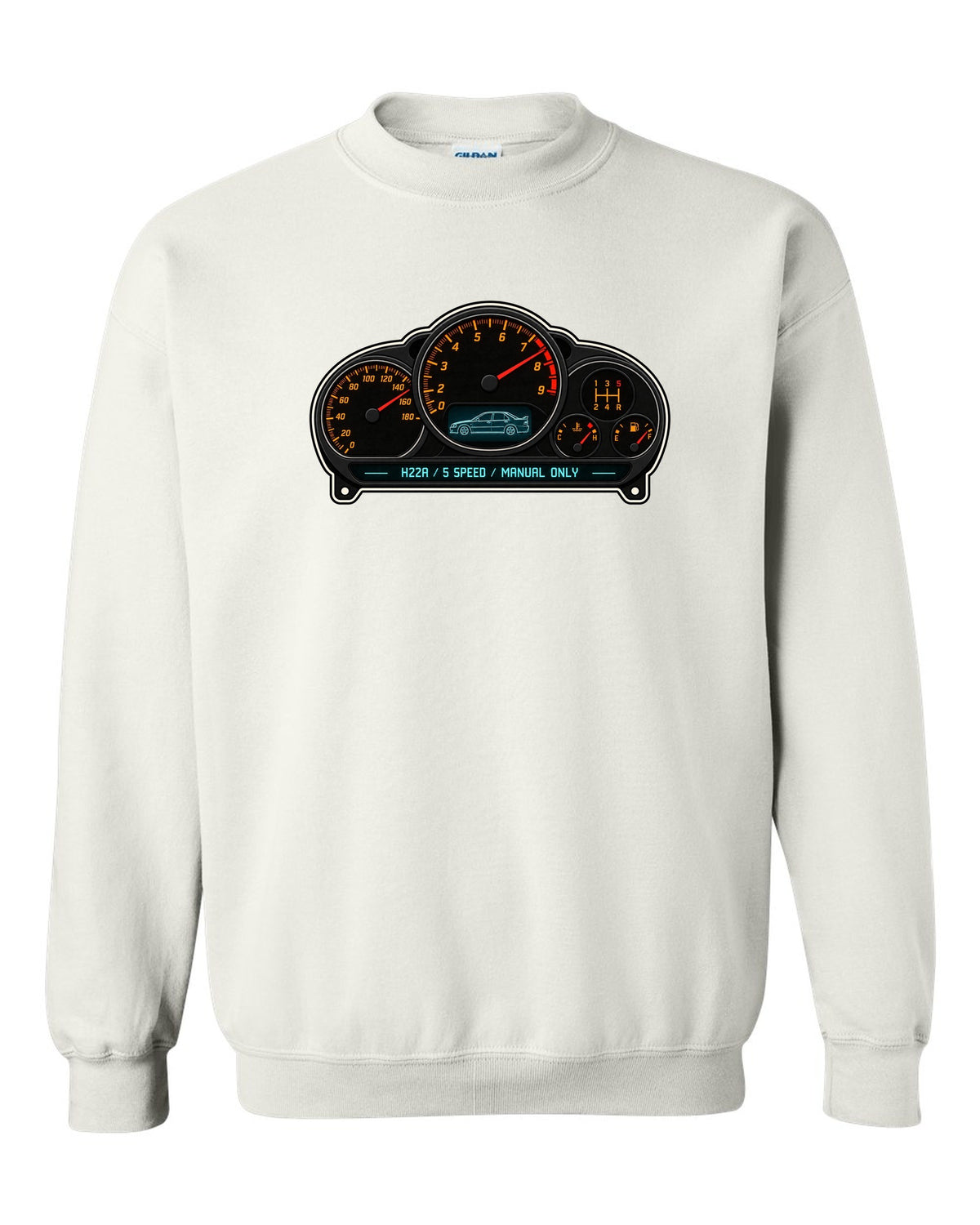 Gauge-cluster HUD design for the Honda Accord Euro R CL1 with H22A text white crewneck front view with the design