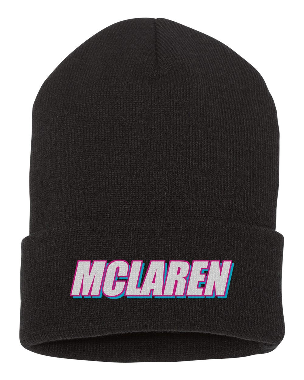 Mclaren black beanie front view with car name