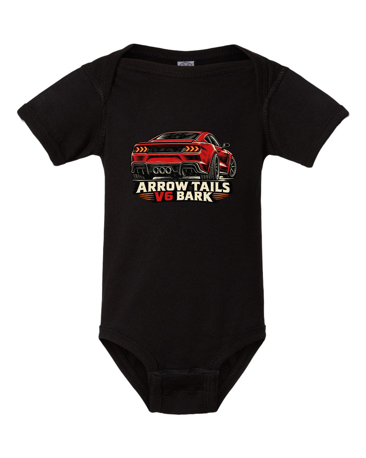 Linocut woodcut print of a Hyundai Genesis Coupe BK2 rear with arrow tails V6 bark text black baby onesie front view with the design