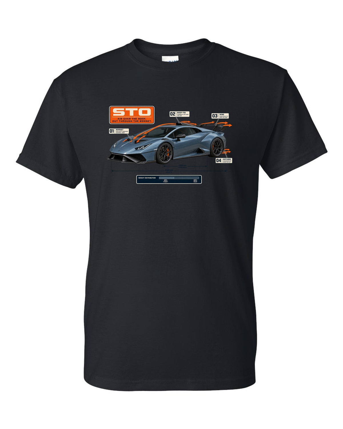 Aero callout print of the Lamborghini Huracan STO showing airflow black t-shirt front view with the design