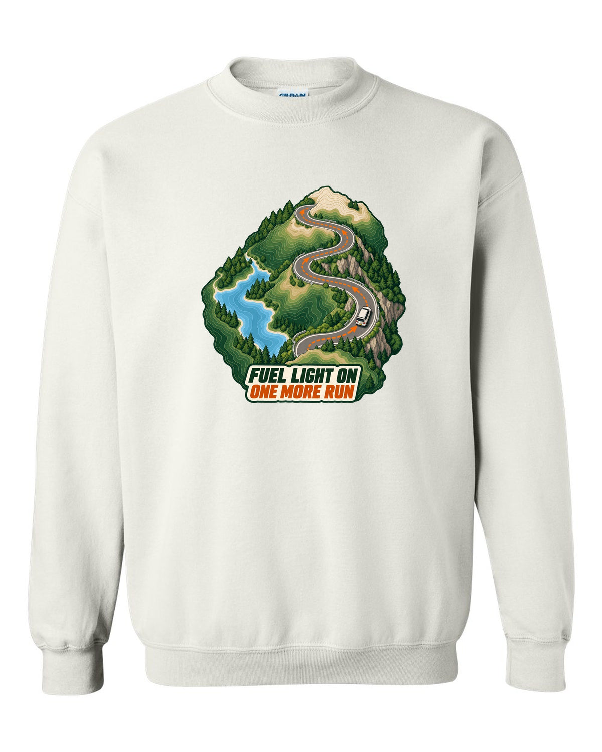 Topographic route map print of a Toyota Corolla Levin AE86 with Fuel Light On lettering white crewneck front view with the design
